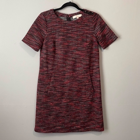 EUC Loft Tweed Short Sleeve Shift Dress Red Black SP - Picture 2 of 7